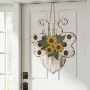 3D Bee Front Door Sign with Sunflower 13" x 12" Large Farmhouse Wooden Bee Wreaths Rustic Wall Hanging Door Welcome Hanger for Spring Home Porch Wall Indoor Outdoor Party Decor