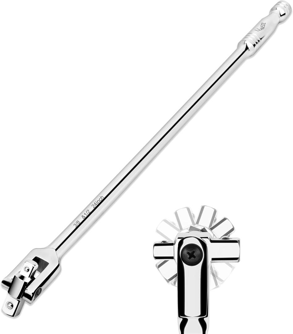 3/8 and 1/2 Drive Breaker Bar, 24-inch Dual Drive Breaker Bar with 360-degree Rotatable Head and Spring-loaded Detent Ball, Breakers Bars Flex Handle