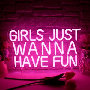 Girls Just Wanna Have Fun Neon Sign for Wall Decor, Retro Style Pink LED Neon Signs, Wedding Party Girl Neon Light Sign,USB Powered for Teen Bedroom Aesthetic Wedding Party Christmas Birthday