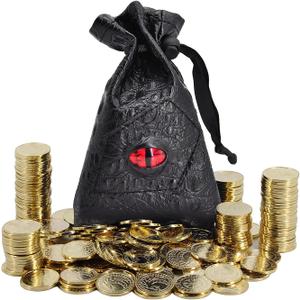 DND Fantasy Coins 50 Antique Gold Metal Treasure Tokens with Leather Pouch - Gaming Loot, Accessories & Props for Dungeons and Dragons, Tabletop RPG, Board or Card Game, LARP and Cosplay
