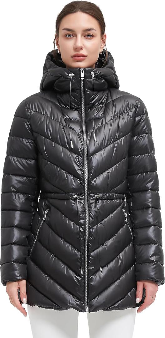 Women's Winter Warm Long Stylish Shiny Coat Outwear Pockets Quilted Thicken Hooded Parka Jacket with Adjustable Waist (Black, L)