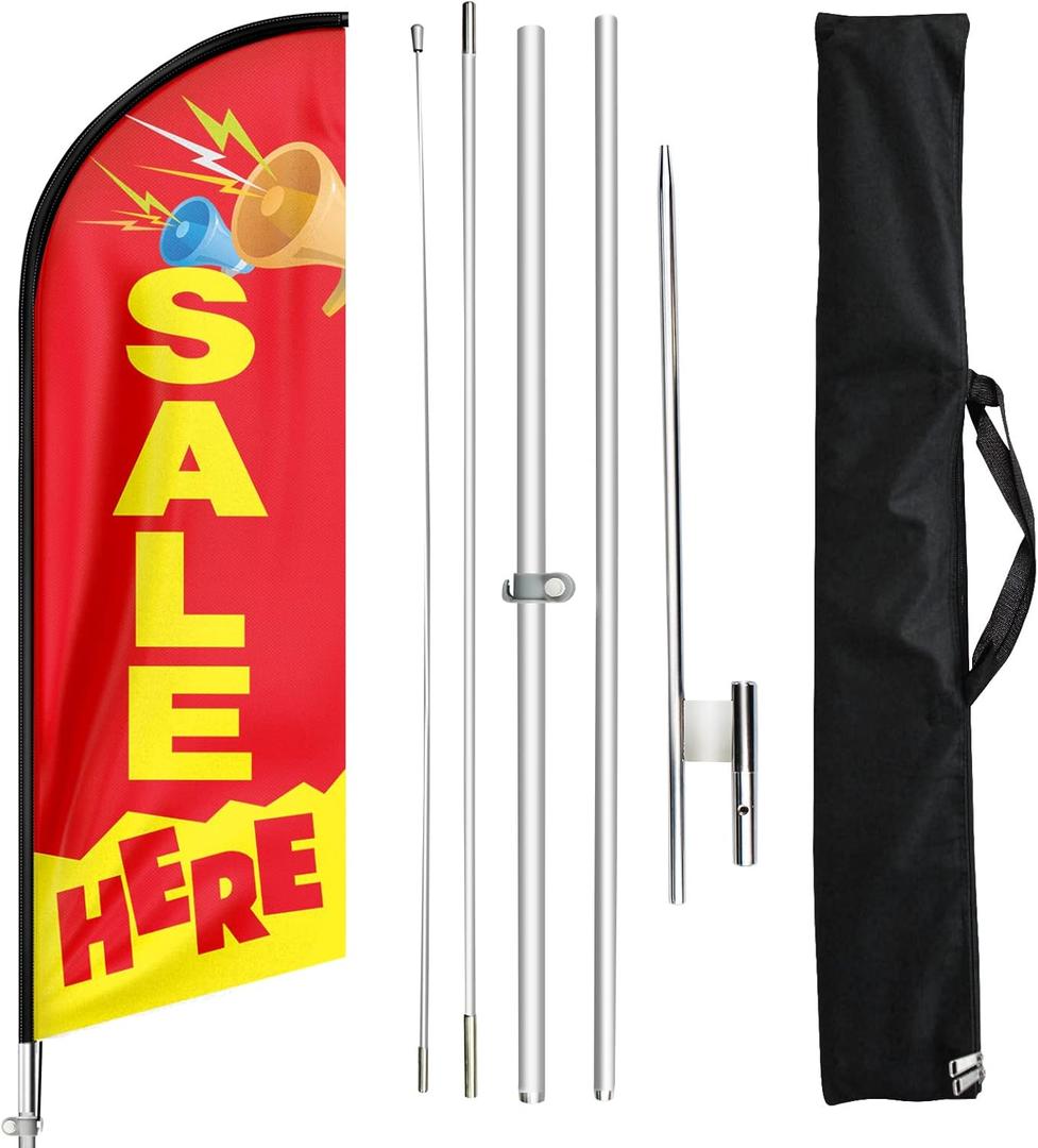 Sale Here Swooper Flutter Feather Flag with Flagpole Kit and Ground Stake, 11 Foot Advertising Swooper Windless Flag Sign and Pole Kit for Sale Business