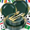 Joyido 125PCS Green Plastic Plates - Green and Gold Disposable Plates - Fancy Vintage Plate with Gold Plastic Silverware Set for 25 Guests for Party Wedding Holiday World Cup 2026