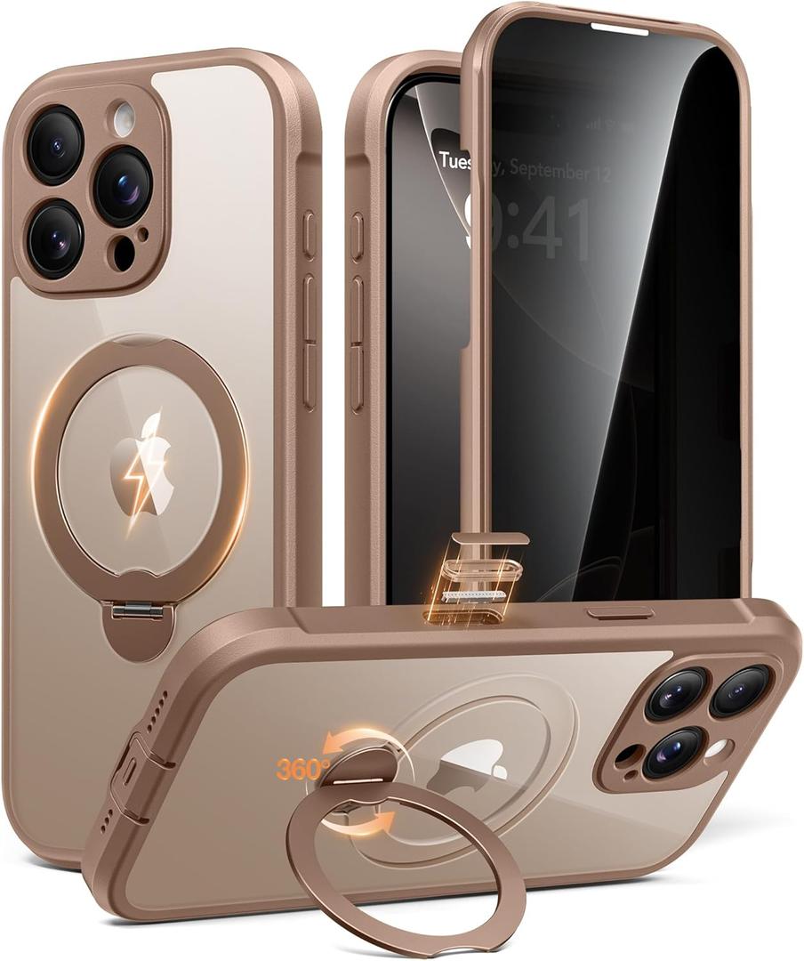 BERFY for iPhone 16 Pro Case, Compatible with MagSafe, Built in Privacy Screen Protector and 360 Spin Magnetic Stand, Anti-Spy Full Body Shockproof Clear Phone Case for 16 Pro 6.3", Desert Gold