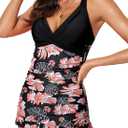 Aleumdr Women Retro Tankini Swimdress Tummy Control Bathing Suits Two Piece Tankini Tops with Bikini Bottoms Twist Swimwear (Medium, Black Red Flower)