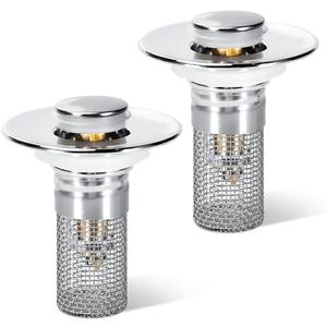 BOTEMY Bathroom Sink Drain Strainer,Pop-up Bathroom Sink Stopper fits 1.02"-1.2" Bathroom Sink Drain Holes in Diameter, Bathtub Drain with Removable Strainer Basket Hair Catcher(2 PCS, Silver)