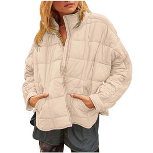 Womens Quilted Pullover Puffer Jacket Lightweight Oversized Hooded Winter Puffer Coat Light Warm Outerwear Pockets, Small, Beige