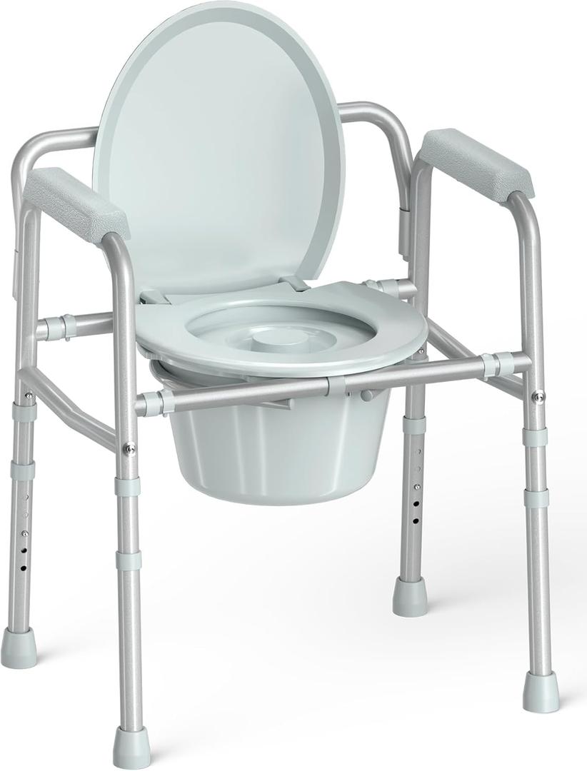HOMLAND 3-in-1 Bedside Commode Chair with Sturdy Dual-Crossbar Support Construction, Stable Portable Commode Toilet with 7.5Qt Potty Bucket, 350 Lbs Bedside Commodes for Seniors, Silver