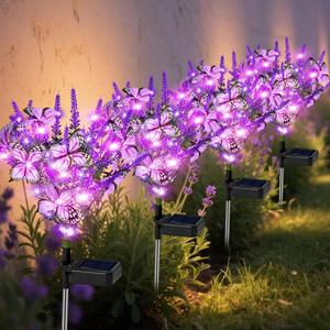 Solar Garden Lights Outdoor 4 Pack Lavender Butterfly Lights, Solar Artificial Flower Outdoor Waterproof Decoration Gardening Gifts for Women, Yard Patio Pathway Lawn Courtyard Decoration (Purple)