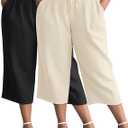 Evervibe 2 Pack Linen Capri Pants for Women 5XL High Waist Drawstring Pockets Casual Cropped Trousers 