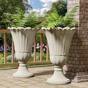 Tall Plastic Urn Planters and Pedestal - 24" Outdoor Planter Beige
Weather-Resistant Plastics HDPE Material with Drainage Holes, Modern Petal Design Vase, Large Flower Pot Porch Door, Set of 2