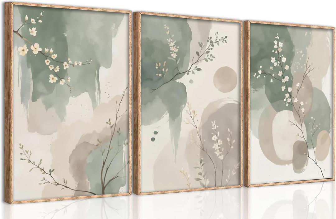 3 Piece Watercolor Botanical Canvas Wall Art Sage Green Beige Prints Painting Picture Wall Decor Modern Zen Floral Poster Print Artwork for Dining Bedroom Living Room Office Home Decoration, 24"L x 16"W