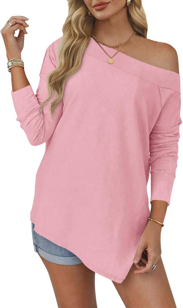 Tankaneo Womens Off The Shoulder Tops Casual Long Sleeve T Shirts Irregular Hem Split Tunics Loose Fall Blouse Shirt (Pink, L)