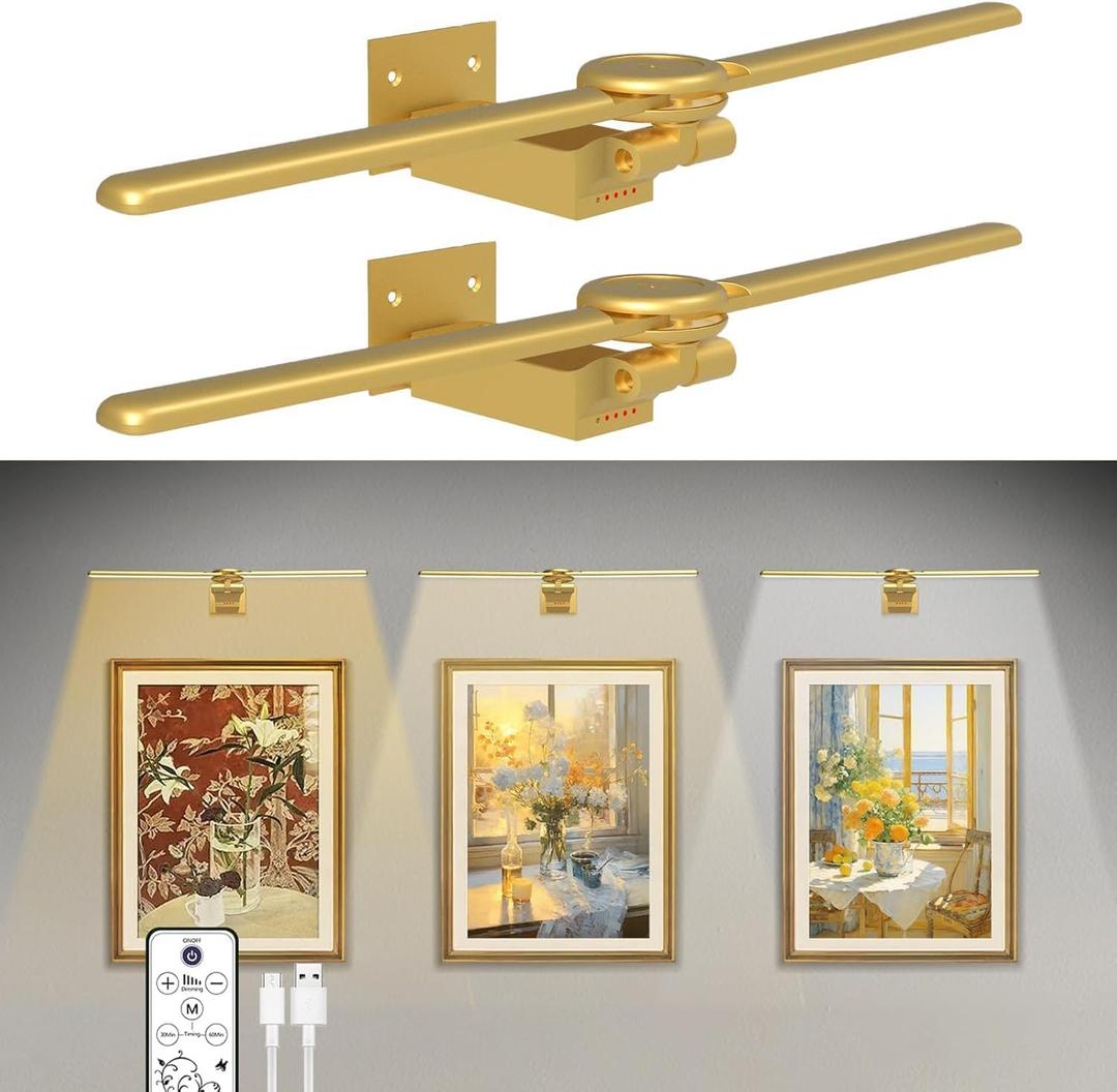 2 Pack Picture Light for Wall, 16in Rechargeable Art Light with Timer and Dimmable, Painting Frame with Remote Control Display for Painting, Frame, Portrait, Dartboard(Gold) 2 Pack Picture Light for Wall, 16in Rechargeable Art Light with Timer and Dimmable, Painting Frame with Remote Control Display for Painting, Frame, Portrait, Dartboard(Gold)