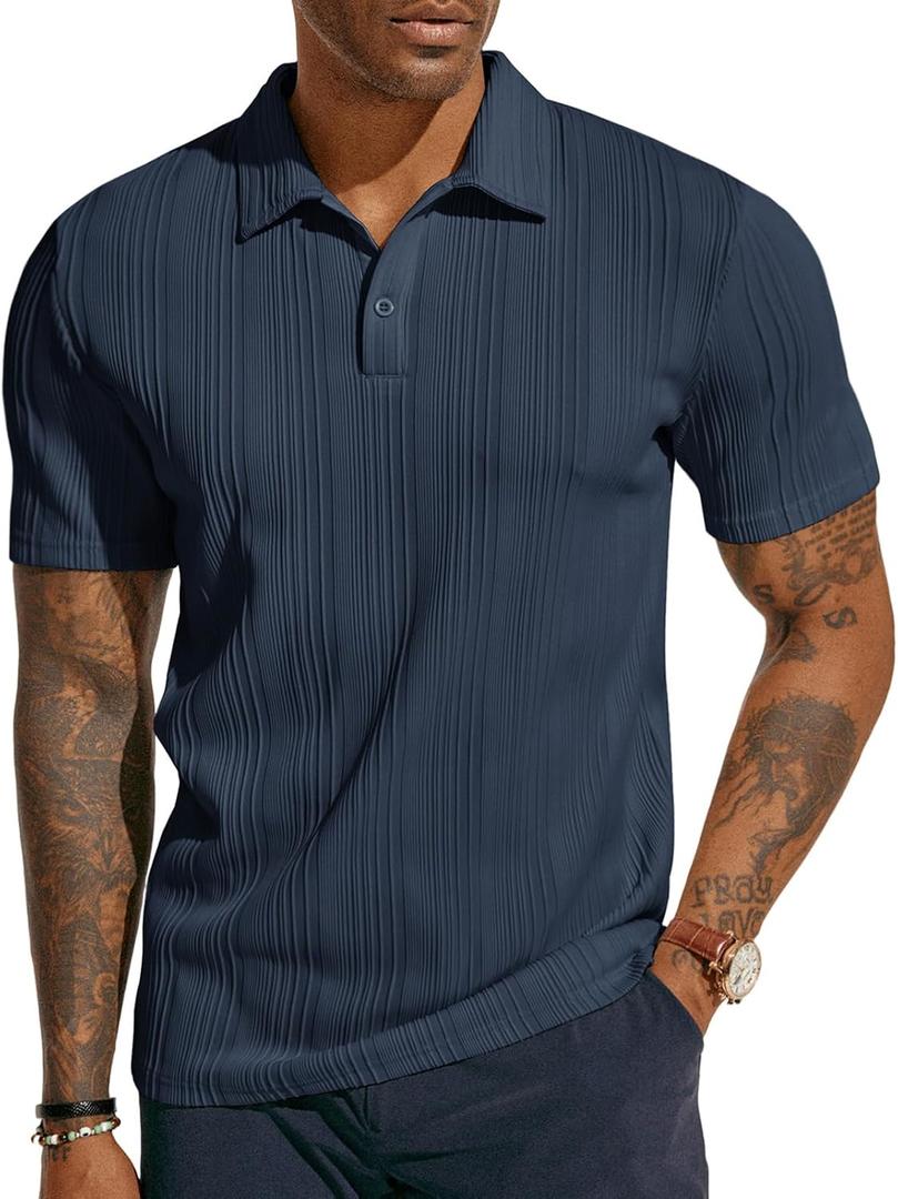 PJ PAUL JONES Mens Polo Shirts Textured Knit Polo Stretchy Regular Fit Collared Golf Shirts (S)