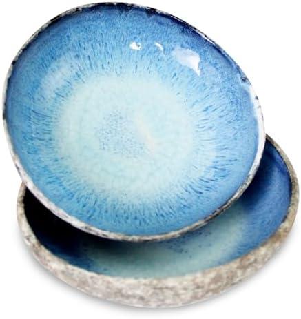 Roro 8 Inch Handmade Coral Ceramic Stoneware Bowls 1 Pack - Rustic Charm, Tropical Style, Coral Blue with Rustic Textured Finish, Serving Bowls for Beach