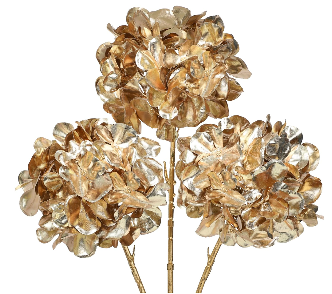 Hollyone 3Pcs Artificial Hydrangea Flowers 26inch Christmas Ornaments Flowers Champagne Gold Fake Hydrangea Flower Floral Arrangements Bouquets Xmas Faux Hydrangeas Stems Wedding Christmas Home Decor