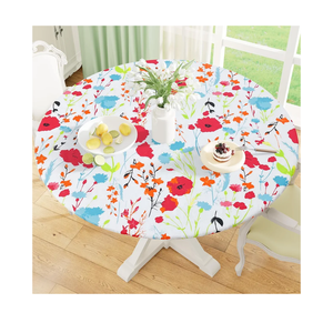 Round Fitted Tablecloth with Elastic Edge, 100% Waterproof Oil Proof Plastic Table Cover, Vinyl Flannel Backed Tablecloth Fits 36"-44" Round Tables for Dinner, Outdoor, Picnic, Flowers, Off White
