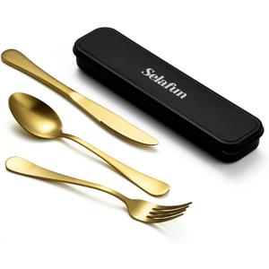 4-pieces Travel Set with Case Portable Silverware Utensils Set for work, Stainless Steel Reusable Flatware Set Cutlery Set for Camping Picnic Hiking Office (8inch, Matte Gold)