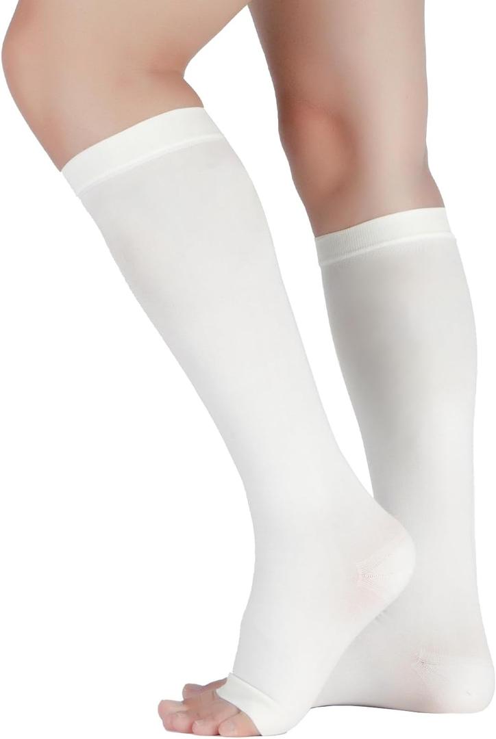 LIN PERFORMANCE 20-30 mmHg Medical Compression Socks for Women and Men Knee High Open Toe Stockings for Varicose Vein Swollen legs (M,White)