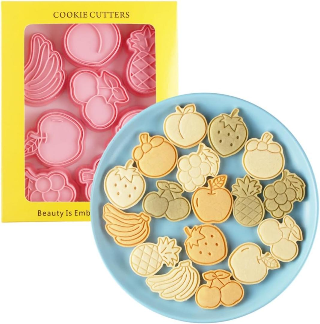 Fruit Cookie Cutters,8 pcs Strawberry Cookie Mould,3D Pineapple Cookie Stamps Set, Cartoon Kitchen Tools, Plastic Banana Cookie Press (Fruit)