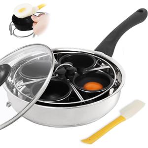 Fuexmotco Egg Poacher Pan, Stainless Steel Egg Poaching Pan for Benedict Breakfast Maker, Poached Egg Cookware with 4 Nonstick Large PFOA Free Egg Poacher Cups and Silicone Spatula