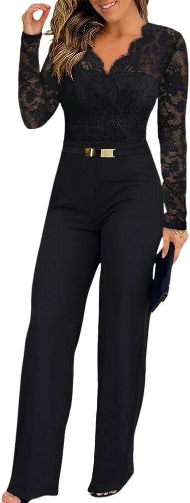 CHICME Womens Dressy Lace Jumpsuit Casual Fall Long Sleeve V-Neck Straight Leg Overalls (Large)
