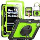 SEYMAC for iPad Pro 11 Inch Case M5 2025 / M4 2024, Heavy Duty Shockproof Protective Case with Screen Protector, 360 Rotating Stand, Hand/Shoulder Strap and Pen Holder, Green