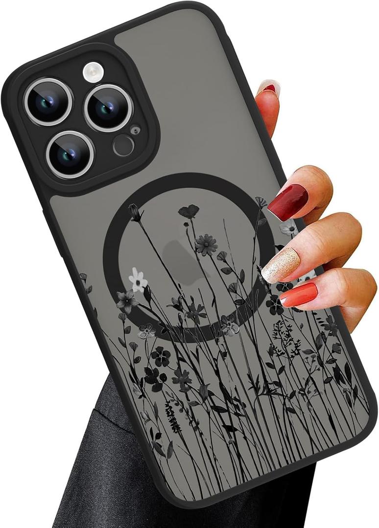 OOK Magnetic for iPhone 14 Pro Max Case Cute Floral Design for Women & Girls, [MagSafe Compatible] Slim Translucent Matte Black Cover, Camera Protection, Chic & Stylish (6.7") (Black Wild Flowers)