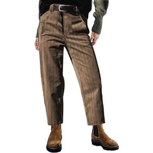 Flamingals Straight Leg Mid Waist Vintage Cropped Stripe Barrel Stretchy Jeans Without Belt (X-Large, Khaki)