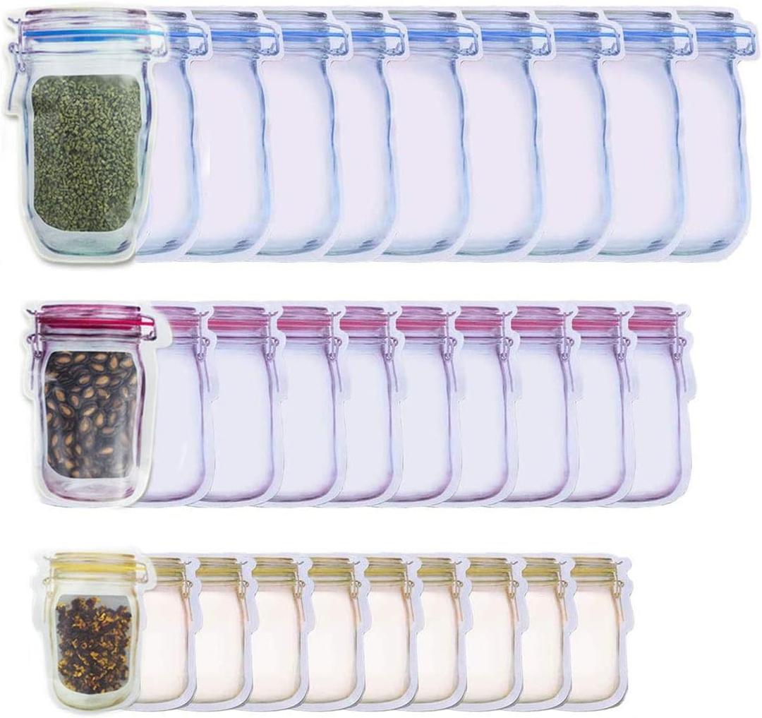 HAOT 30 Pack Mason Jar Zipper Bags - Reusable Airtight Seal Food Storage Snack Ziplock Bags, Leak-Proof Tea Refrigerator Organizor Kitchen Storage Outdoor (Yellow,Blue,Red)