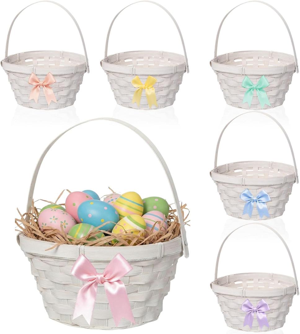 6 Pcs Easter Woven Basket with Handle and 6 Colors Bows Bamboo Gifts Basket for Easter Party Favors Gifts Supplies Decor