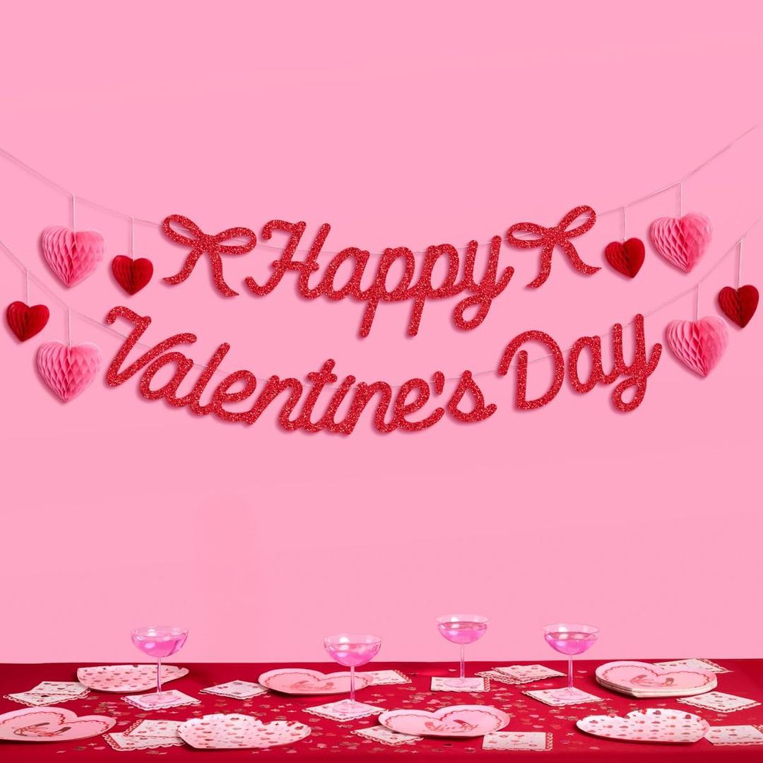 XO, Fetti Happy Valentine's Day Banner - Red Glitter, 6 Ft. | 3D Heart Garland, Girls Bow Dinner Decoration, Vday Party Sign, Galentine's Photoshoot