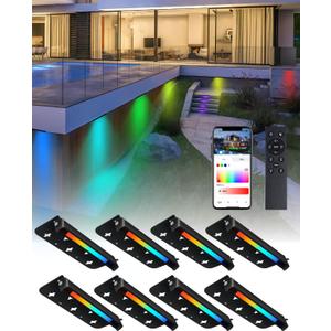 8 Pack 7 Inch RGBCW Retaining Wall Lights, 5W Smart LED Hardscape Lighting with Remote Control, 16 Million Colors 12V AC/DC Low Voltage Step Lights Outdoor, IP65 Waterproof Landscape Lighting (RGBW)