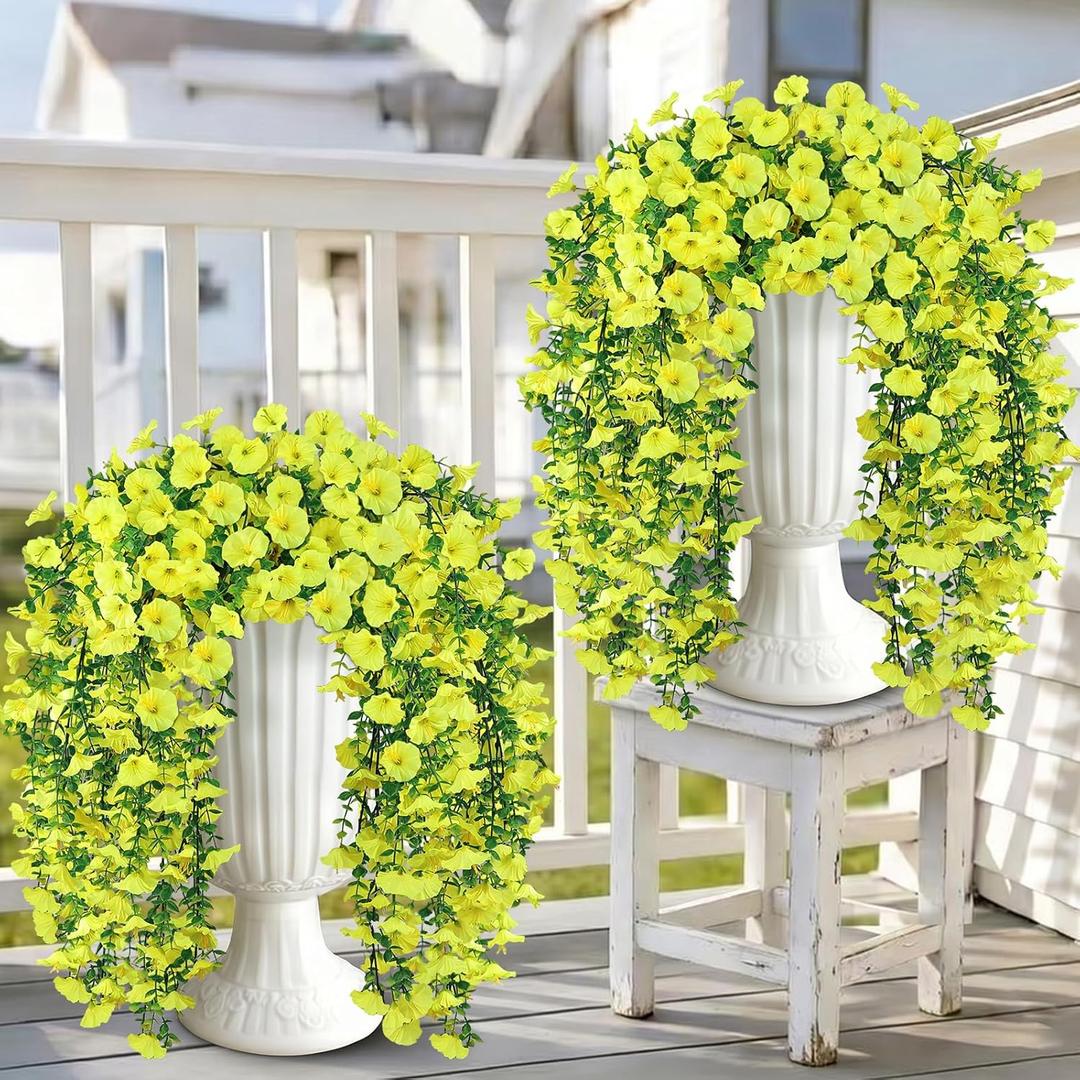 Artificial Hanging Flowers for Outdoors, 4 PCS 600 Blooms UV Resistant Morning Glory Faux Silk Vines, No-Odor Realistic Fake Plants for Garden Planter Porch Patio Decoration, Yellow