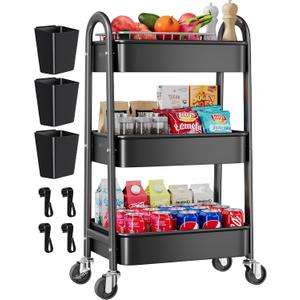 3 Tier Black Rolling Cart Metal with Wheels, Basket, Cups & Hooks, Three Tier Utility Carts on Wheels, Can Organizer for Pantry Floor, Kitchen Storage Rack, Snack Shelf Carts, Vianderos para Cocina