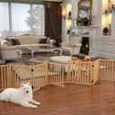 Wooden Freestanding Dog Gate Indoor, 23" H Wood Dog Gates with Door Walk Through, No-Painted Folding Doggy Gate for Doorway, Portable Puppy Fence for Stairs- 8 Panels