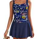 Ekouaer Swim Dress One Piece Bathing Suit Skirted Swimsuits for Women Ruched Retro Swimwear XXL Navy Blue
