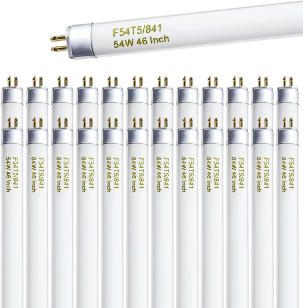 F54T5/841/HO 54W T5 HO Fluorescent Tube Light, 46 Inches T5 54 Watt Fluorecent Bulb, F54T5/841/CW, 4100K Cool White, 80 CRI, G5 Base 4300 Lumens 25 Pack