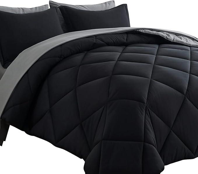 Cosybay Bed in a Bag Queen Reversible Comforter Sets 7pcs All Season Down Alternative Bedding Sets Black and Grey with Comforter, Pillow Shams, Flat Sheet, Fitted Sheet and Pillowcase