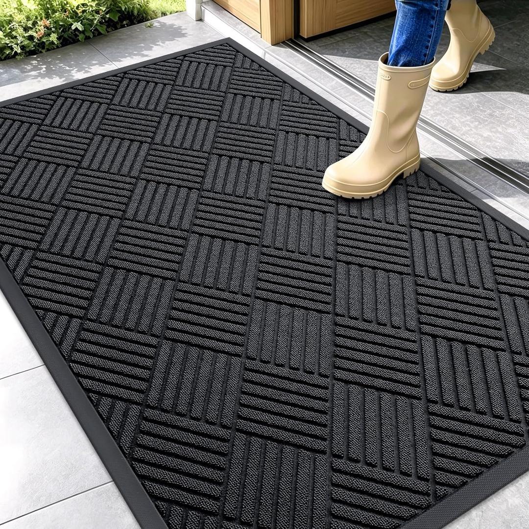 OLANLY Front Door Mat Outside Entrance 47x32, Absorbent, Heavy Duty Sturdy Natural Rubber Doormat Indoor Outdoor, Stain and Fade Resistant, Non-Slip Low Profile Floor Mat for Entryway, Black Diamond