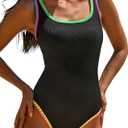 popvil One Piece Swimsuit Tummy Control Womens Bathing Suits Modest Curvy Neon Sexy Sport Swimwear, Size Medium