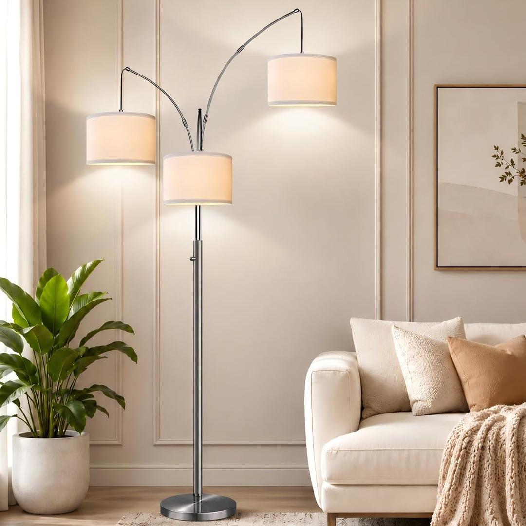 Floor Lamp - 3 Lights Brushed Nickel Arc Floor Lamps for Living Room,1000LM Modern Tall Standing Lamp with White Shades,Mid Century Tree Floor Lamp for Bedroom,3 LED Bulbs Included