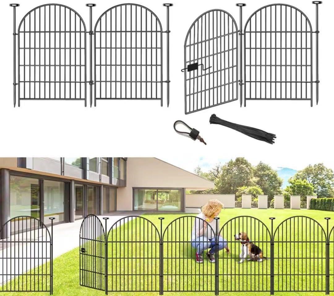Adavin Tall Garden Fence Animal Barrier with Gate, 40 in(H)8.8ft(L) 4 Panels No Dig Fence for Dogs, Rustproof Metal Wire Temporary Fences for Dogs Rabbits, Black Garden Fencing for Yard Lawn Patio
