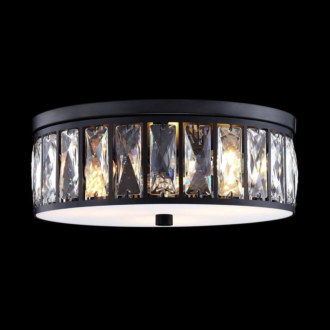 Crystal Farmhouse Drum Semi Flush Mount Close to Ceiling Light Fixture,Black Finish for Living Room Dining Room Bedroom Kitchen Island Hallway (Black, 10 Inch)