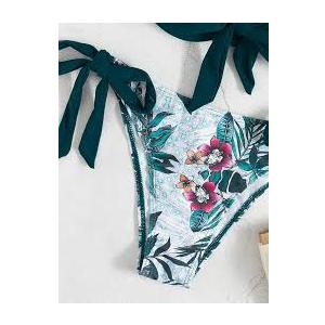  Women's Criss Cross Push Up Halter Bandage Bikini Set Floral Printed Swim Bottoms Two Piece Swimsuits Green L