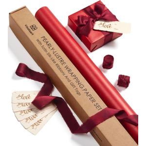Vitalizart Red Wrapping Paper Set 30" Pearly-Lustre Ribbons & Gift Tags