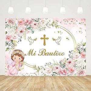 AIBIIN 7x5ft Pink Mi Bautizo Backdrop for Girls Baby Shower God Bless First Holy Communion Background Oval Mexican Baptism Party Flowers Decorations Banner Props