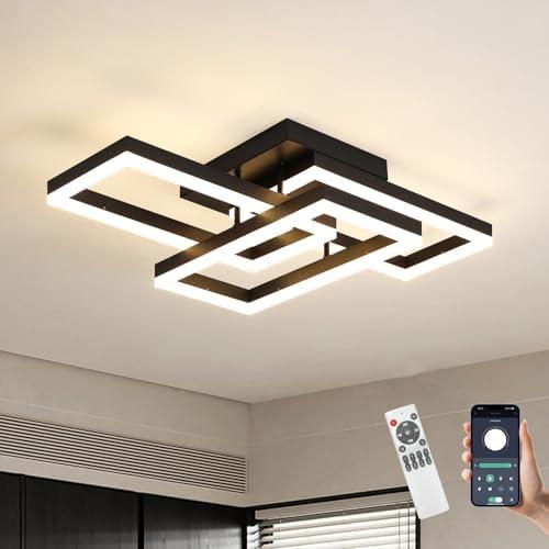 GNGXEFACA Modern LED Ceiling Light, Black Square LED Flush Mount Ceiling Light, APP and Remote Control Dimming 3000K-6500K for Dining Room, Living Room, Kitchen, Bedroom, Office