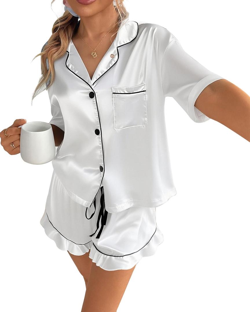 CHYRII Womens Satin Pajamas Sets Short Sleeve Ruffled Loungewear 2 Piece PJ Sets with Magnetic Diffuser White L
